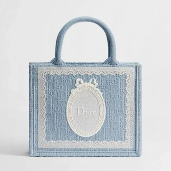 Dior Women Small Dior Book Tote with Strap Celestial Blue Dior Oblique Embroidery with White Lace and Dior Médaillon