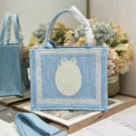 Dior Women Small Dior Book Tote with Strap Celestial Blue Dior Oblique Embroidery with White Lace and Dior Médaillon