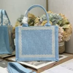Dior Women Small Dior Book Tote with Strap Celestial Blue Dior Oblique Embroidery with White Lace and Dior Médaillon