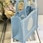 Dior Women Small Dior Book Tote with Strap Celestial Blue Dior Oblique Embroidery with White Lace and Dior Médaillon