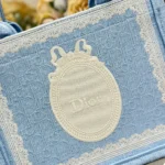 Dior Women Small Dior Book Tote with Strap Celestial Blue Dior Oblique Embroidery with White Lace and Dior Médaillon