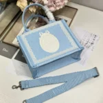 Dior Women Small Dior Book Tote with Strap Celestial Blue Dior Oblique Embroidery with White Lace and Dior Médaillon