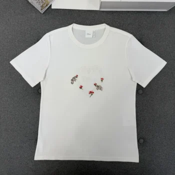 Dior Men Dioramour Fitted T-Shirt White Cotton Jersey with Multicolor Doves & Roses Motif