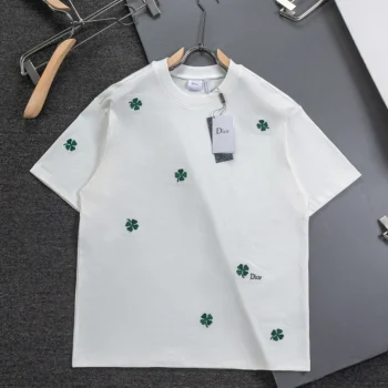 Dior Women T-Shirt with Dior Clover Embroidery Relaxed Fit White Cotton Jersey