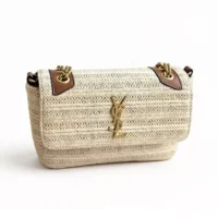 Saint Laurent YSL Women Niki Small Chain Bag in Raffia and Leather-Natural