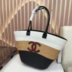 Chanel Women Maxi Shopping Bag Raffia & Calfskin AS6148
