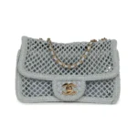 Chanel Women Small Coco Beach Macrame Flap Bag Light Blue Mesh Gold Hardware