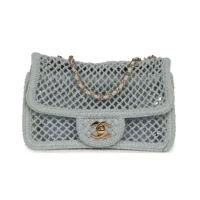 Chanel Women Small Coco Beach Macrame Flap Bag Light Blue Mesh Gold Hardware