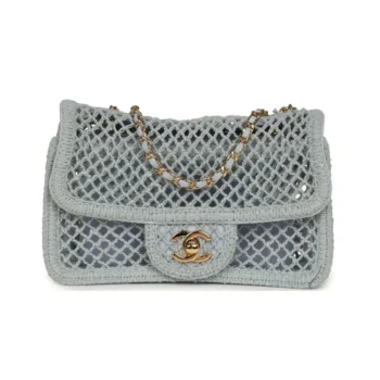 Chanel Women Small Coco Beach Macrame Flap Bag Light Blue Mesh Gold Hardware