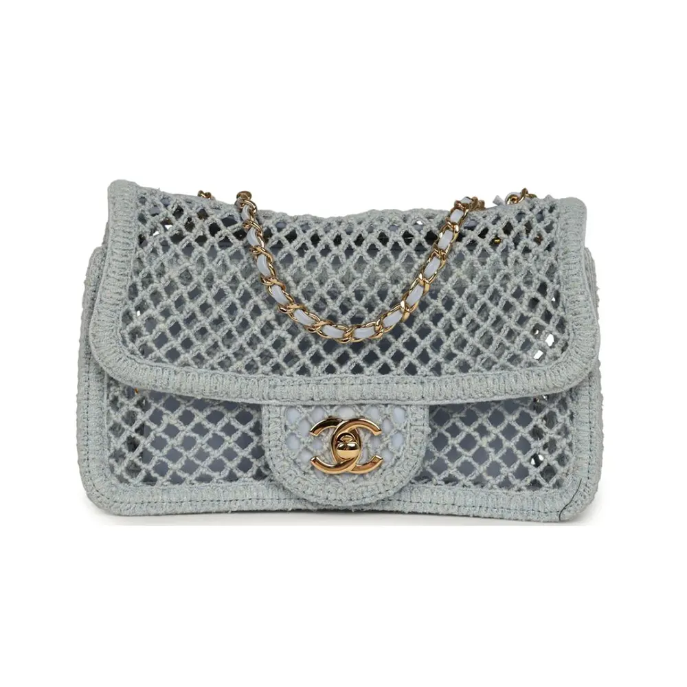 Chanel Women Small Coco Beach Macrame Flap Bag Light Blue Mesh Gold Hardware (1) Chanel Women Small Coco Beach Macrame Flap Bag Light Blue Mesh Gold Hardware