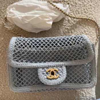 Chanel Women Small Coco Beach Macrame Flap Bag Light Blue Mesh Gold Hardware