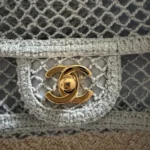 Chanel Women Small Coco Beach Macrame Flap Bag Light Blue Mesh Gold Hardware