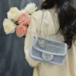 Chanel Women Small Coco Beach Macrame Flap Bag Light Blue Mesh Gold Hardware