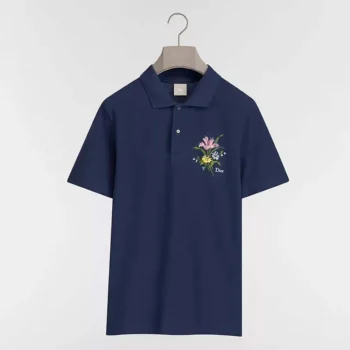 Dior Men Polo Shirt with Dior Secret Garden Embroidery Relaxed Fit Blue Cotton Piqué