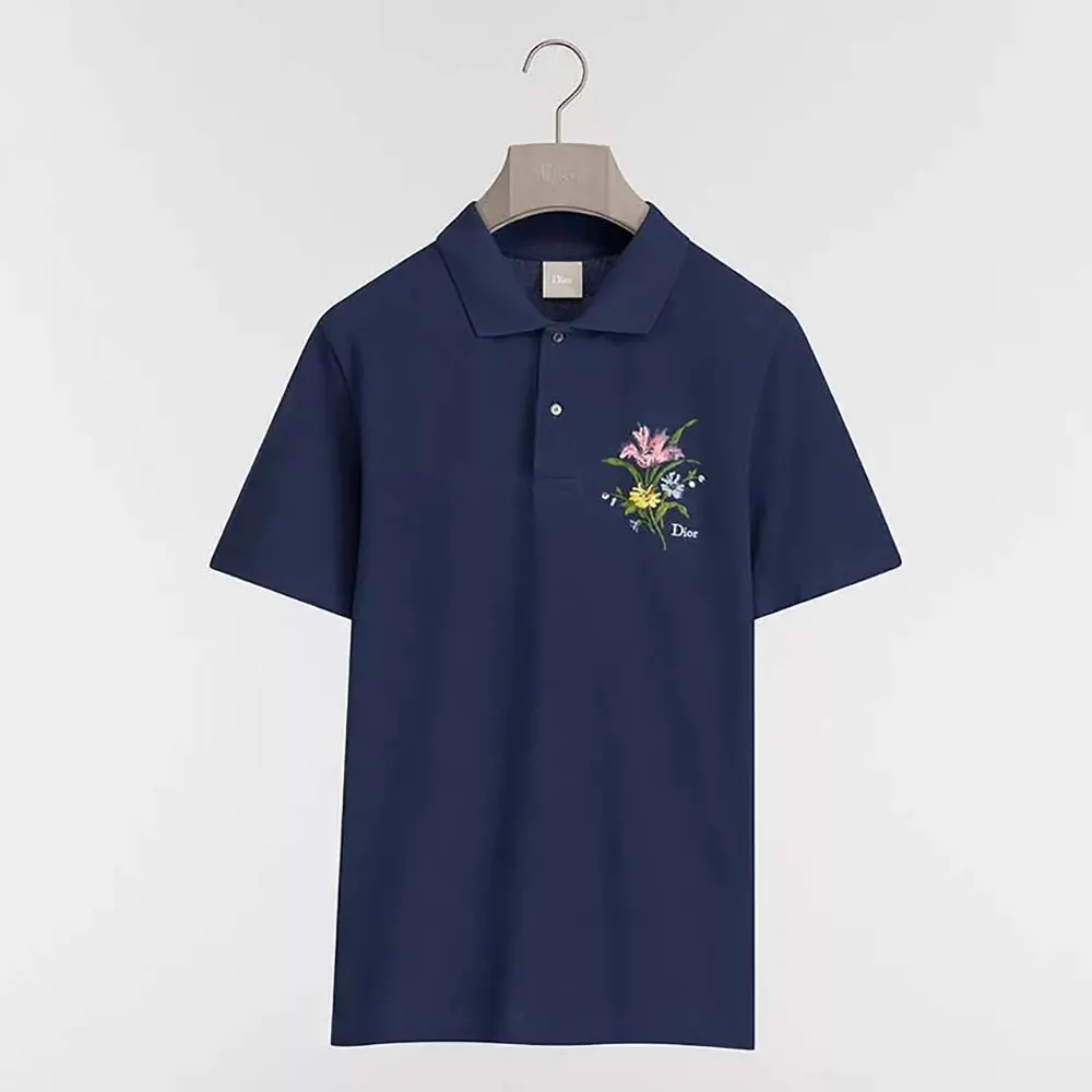 Dior Men Polo Shirt with Dior Secret Garden Embroidery Relaxed Fit Blue Cotton Piqué (1) Dior Men Polo Shirt with Dior Secret Garden Embroidery Relaxed Fit Blue Cotton Piqué