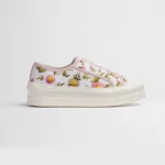 Platform Sneaker White Cotton Embroidered with Multicolor Daisy Garden Motif