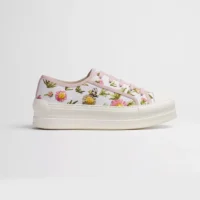 Platform Sneaker White Cotton Embroidered with Multicolor Daisy Garden Motif