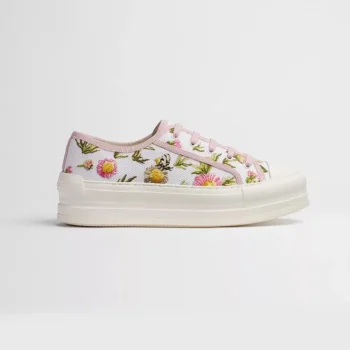 Platform Sneaker White Cotton Embroidered with Multicolor Daisy Garden Motif