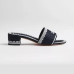 Dior Women Dentelle Heeled Slide Navy Blue Dior Oblique Embroidered Cotton and White Lace