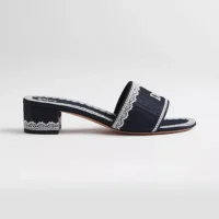 Dior Women Dentelle Heeled Slide Navy Blue Dior Oblique Embroidered Cotton and White Lace