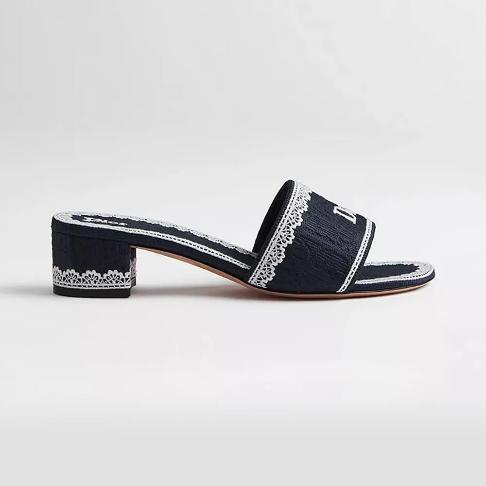 Dior Women Dentelle Heeled Slide Navy Blue Dior Oblique Embroidered Cotton and White Lace (1) Dior Women Dentelle Heeled Slide Navy Blue Dior Oblique Embroidered Cotton and White Lace