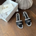 Dior Women Dentelle Heeled Slide Navy Blue Dior Oblique Embroidered Cotton and White Lace