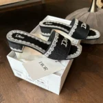 Dior Women Dentelle Heeled Slide Navy Blue Dior Oblique Embroidered Cotton and White Lace