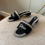 Dior Women Dentelle Heeled Slide Navy Blue Dior Oblique Embroidered Cotton and White Lace
