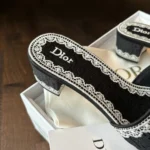Dior Women Dentelle Heeled Slide Navy Blue Dior Oblique Embroidered Cotton and White Lace