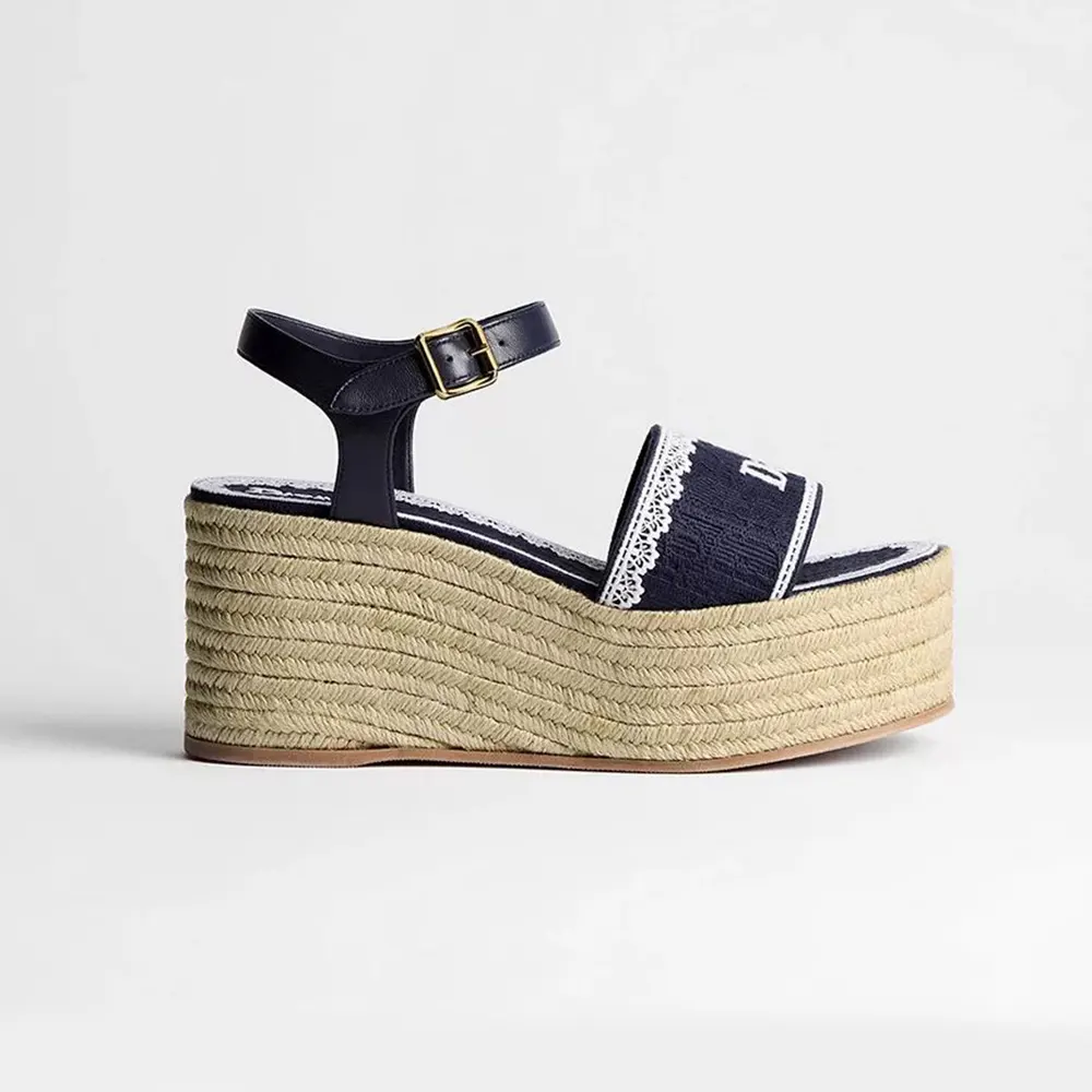 Dior Women Dentelle Wedge Sandal Navy Blue Dior Oblique Embroidered Cotton and White Lace (1) Dior Women Dentelle Wedge Sandal Navy Blue Dior Oblique Embroidered Cotton and White Lace