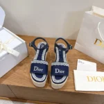 Dior Women Dentelle Wedge Sandal Navy Blue Dior Oblique Embroidered Cotton and White Lace