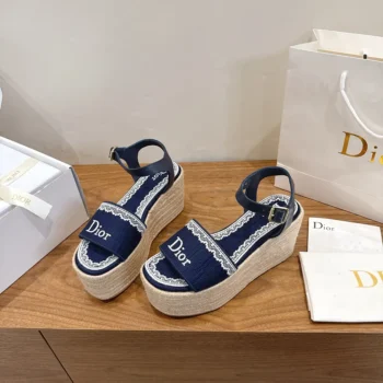 Dior Women Dentelle Wedge Sandal Navy Blue Dior Oblique Embroidered Cotton and White Lace