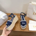 Dior Women Dentelle Wedge Sandal Navy Blue Dior Oblique Embroidered Cotton and White Lace