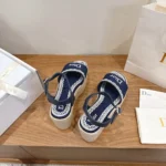 Dior Women Dentelle Wedge Sandal Navy Blue Dior Oblique Embroidered Cotton and White Lace