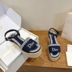 Dior Women Dentelle Wedge Sandal Navy Blue Dior Oblique Embroidered Cotton and White Lace