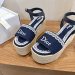 Dior Women Dentelle Wedge Sandal Navy Blue Dior Oblique Embroidered Cotton and White Lace