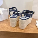 Dior Women Dentelle Wedge Sandal Navy Blue Dior Oblique Embroidered Cotton and White Lace