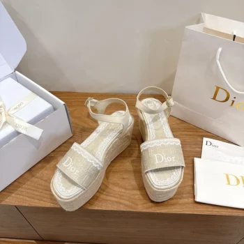 Dior Women Dentelle Wedge Sandal Trench Dior Oblique Embroidered Cotton and White Lace