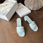 Dior Women Dentelle Heeled Slide Sky Blue Dior Oblique Embroidered Cotton and White Lace