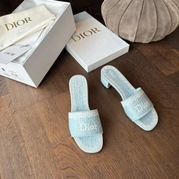 Dior Women Dentelle Heeled Slide Sky Blue Dior Oblique Embroidered Cotton and White Lace