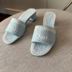 Dior Women Dentelle Heeled Slide Sky Blue Dior Oblique Embroidered Cotton and White Lace