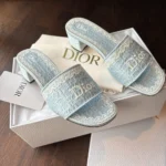 Dior Women Dentelle Heeled Slide Sky Blue Dior Oblique Embroidered Cotton and White Lace
