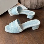 Dior Women Dentelle Heeled Slide Sky Blue Dior Oblique Embroidered Cotton and White Lace