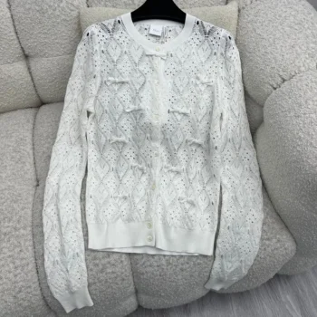 Dior Women Dioriviera Embroidered Cardigan Ecru Openwork Cotton Knit 644G20B7888