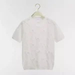 Dior Women Dioriviera Embroidered Short-Sleeved Sweater Ecru Openwork Cotton Knit