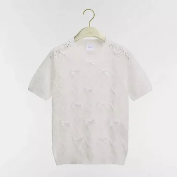 Dior Women Dioriviera Embroidered Short-Sleeved Sweater Ecru Openwork Cotton Knit