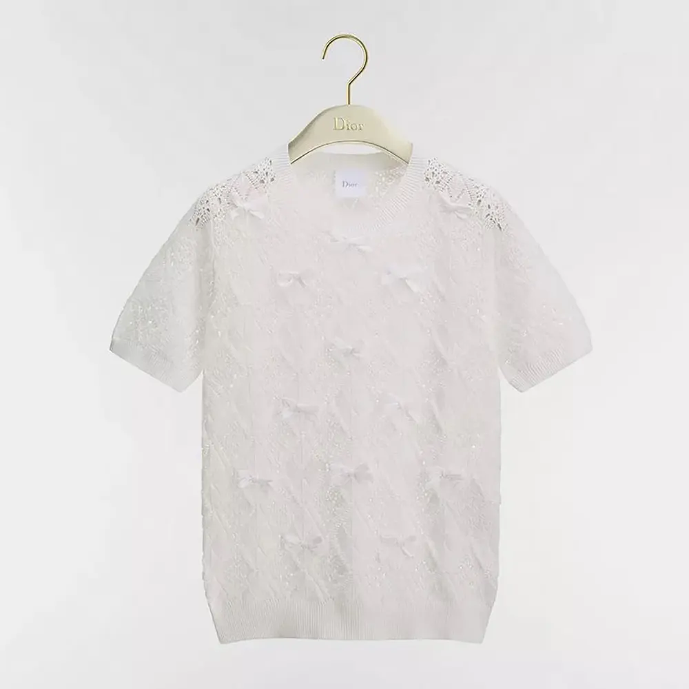 Dior Women Dioriviera Embroidered Short-Sleeved Sweater Ecru Openwork Cotton Knit (1) Dior Women Dioriviera Embroidered Short-Sleeved Sweater Ecru Openwork Cotton Knit