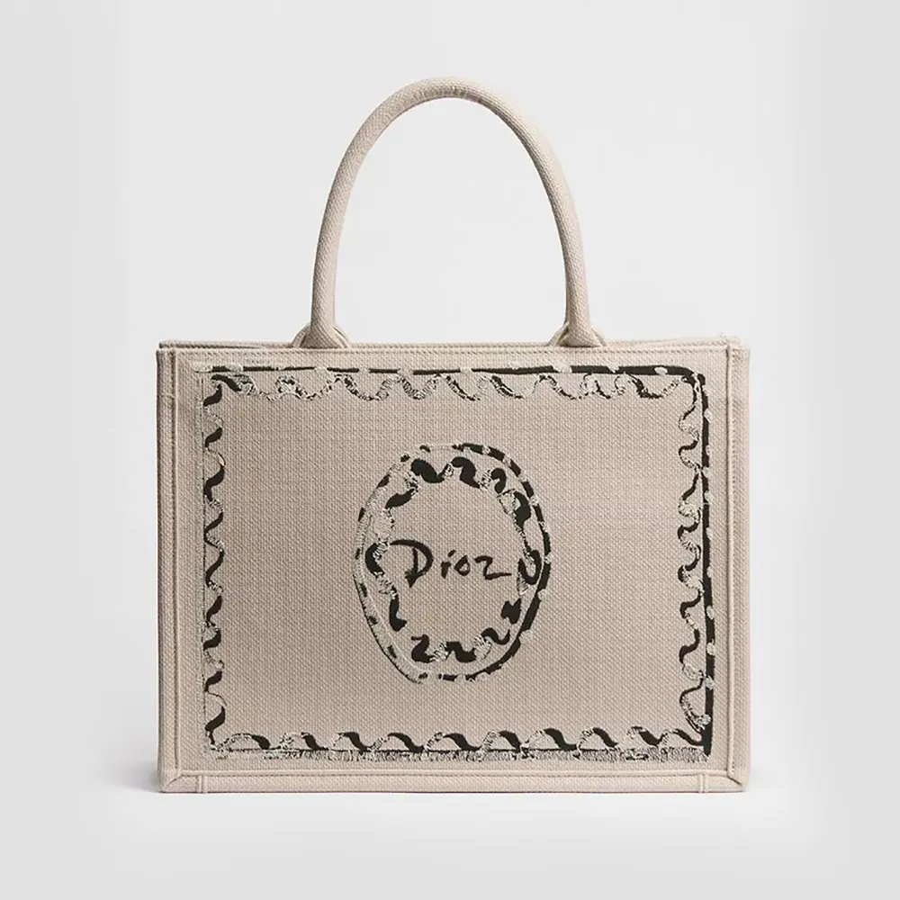 Dior Women Dioriviera Medium Dior Book Tote with Strap Beige Dior Painted Ribbon Embroidery (1) Dior Women Dioriviera Medium Dior Book Tote with Strap Beige Dior Painted Ribbon Embroidery
