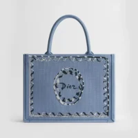 Dior Women Dioriviera Medium Dior Book Tote with Strap Blue-Greige Dior Painted Ribbon Embroidery