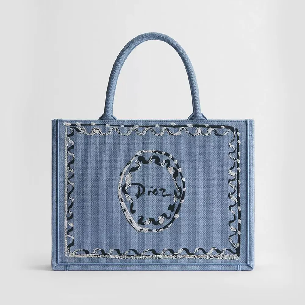 Dior Women Dioriviera Medium Dior Book Tote with Strap Blue-Greige Dior Painted Ribbon Embroidery (1) Dior Women Dioriviera Medium Dior Book Tote with Strap Blue-Greige Dior Painted Ribbon Embroidery